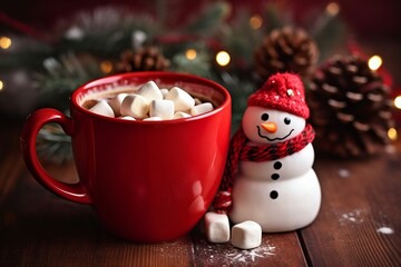 Christmas hot chocolate with marshmallow snowman on cozy blur background with copy space