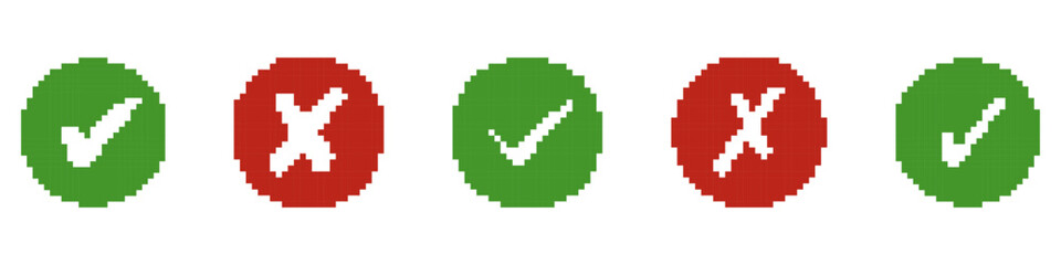 Fototapeta premium Pixelated Green Check Marks and Red X Symbols in Circles for Retro UI Design. Success and Error Sign Collection. Approval and Rejection Symbols. Isolated Vector Illustration