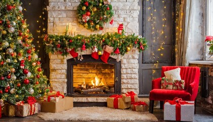 A Cozy Christmas Scene Featuring a Decorated Weihnachtsbaum, Glowing Kamin, and an Array of Beautifully Wrapped Geschenke in a Warm and Inviting Festive Atmosphere