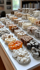 Diverse collection of small, stacked, textured objects displayed on a white surface.