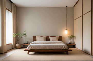 Japandi style bedroom with a low wooden bed, soft beige and white linens, Zen inspired design.