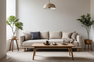 Japandi living room with an open layout, wooden furniture, Neutral earth tones
