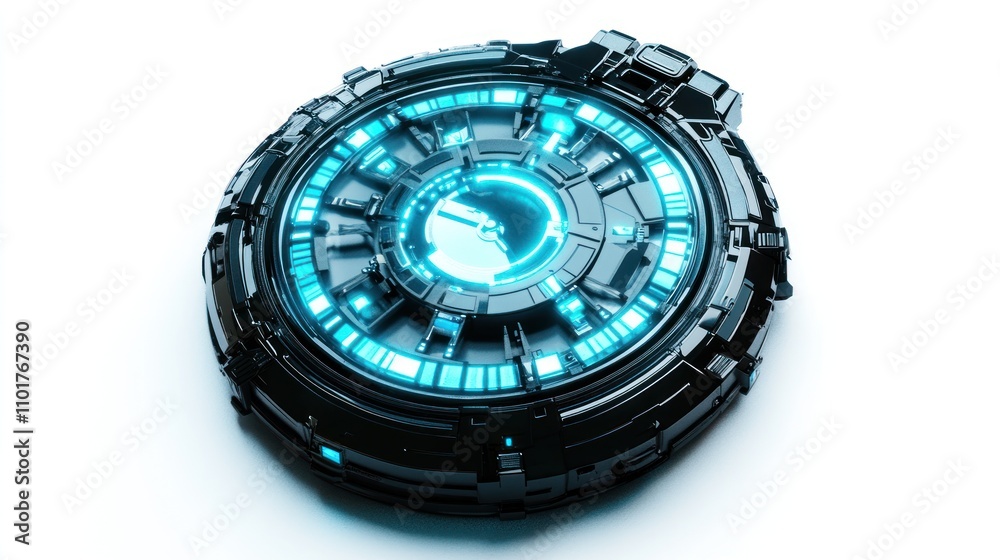 Poster futuristic black device with cyan luminous core
