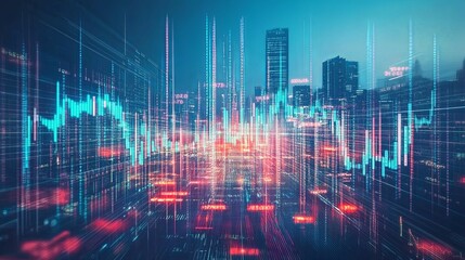 Futuristic Cityscape with Dynamic Data Streams and Stock Market Charts