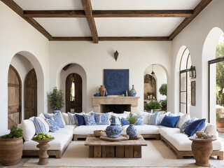 Spacious Mediterranean-Style Interior with Blue and White Accents
