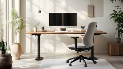Modern home office with standing desk, ergonomic chair, and plants.