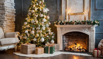 Naklejka premium Cozy Christmas Scene with Decorated Tree, Crackling Fireplace, and Wrapped Presents â€“ A Heartwarming Holiday Setting Captured in High-Quality Festive Imagery