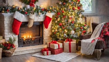 Naklejka premium Cozy Christmas Scene: Festive Christmas Tree, Glowing Fireplace, and Thoughtfully Wrapped Gifts Creating a Warm and Inviting Holiday Atmosphere for Cherished Seasonal Memories