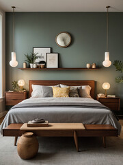 Mid Century Modern Bedroom with Walnut Platform Bed