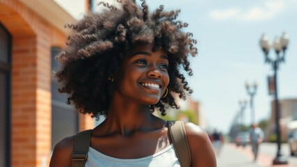 Funny dark skin lady walking on street in sunny spring day, playing with her curly hair, wearing casual clothes, with isolated pastel blue background, casual clothes, curly hair