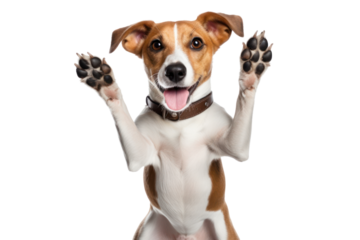 An excited Beagle standing on its hind legs giving a high five isolated on white background