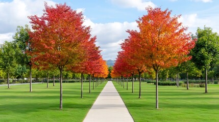 Naklejka premium Autumn Foliage Bursts in Vibrant Hues Lining a Serene Park Pathway