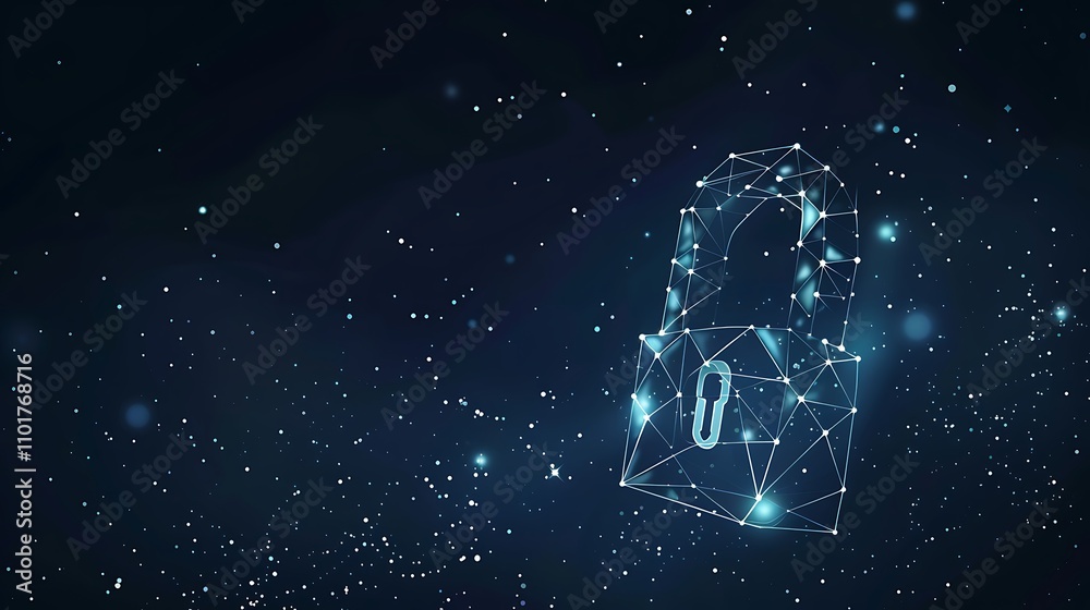 Poster a digital lock icon composed of interconnected points and lines, symbolizing cybersecurity and data 