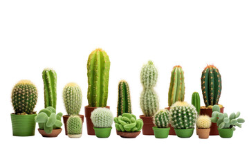 An assortment of small green cacti with different spiky and smooth textures, isolated on white background