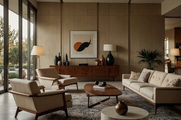 Minimalist Mid-Century Living Room with Neutral Tones
