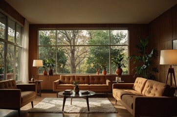 Fototapeta premium Mid-Century Modern Living Room with Nature Views