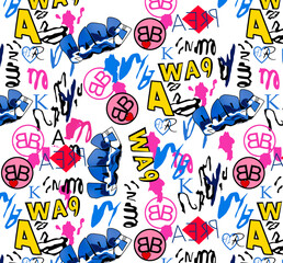 Abstract hand drawn seamless pattern with geometric and brush painted elements. brush textured colorful background. Modern poster, card, textile, wallpaper template, wrapping paper designs.
