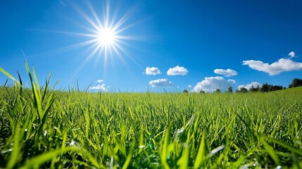 Fototapeta premium Vibrant Green Meadow Under Bright Summer Sun with Serene Cloudscape