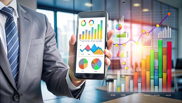 A person using various digital devices like a smartphone, tablet, and laptop, with media and communication icons displayed on screens