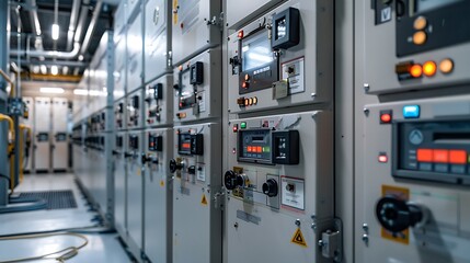 A modern industrial facility featuring control panels and electrical equipment for managing power systems.