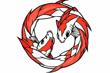 Two red and white Koi fish swimming in a circle.