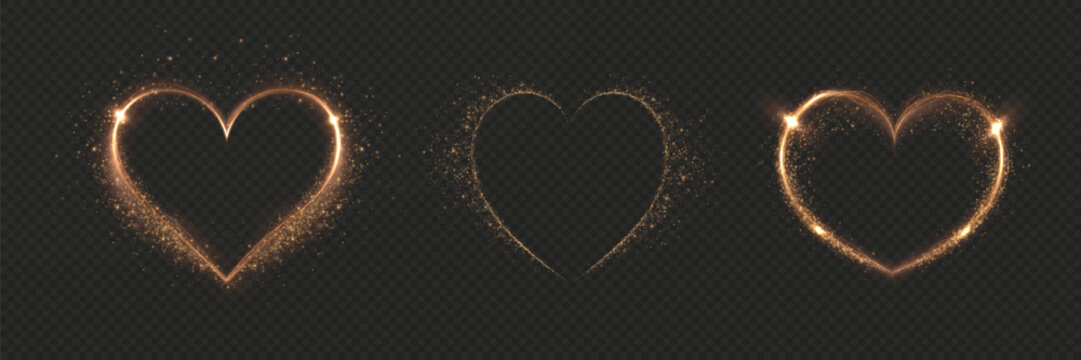Heart gold with flashes isolated on transparent background. Light heart for holiday cards, banners, invitations. Heart-shaped gold wire glow. PNG image	