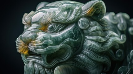 Intricate Green Jade Lion Statue, Chinese Art, Carving Detail