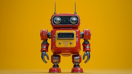 Retro robot resin figure, featuring 1950s aesthetics, antennas, buttons, and a bold red-and-yellow color scheme