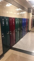 Colorful classic high school lockers in a serene hallway with a few open for variety