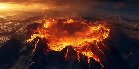 Aerial view of a volcanic crater with glowing lava at sunset.