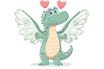 Fototapeta premium A cute, cartoon dragon with wings and hearts, symbolizing love and friendliness.