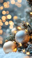 Beautiful silver and gold Christmas ornaments on a frosty tree with glowing lights.