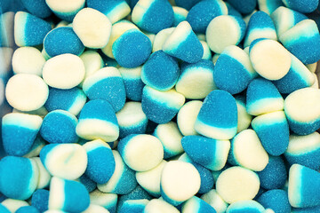 Assorted colorful gummy jelly candies. Top view. Jelly sweets.