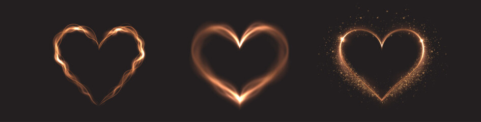 Heart gold with flashes isolated on transparent background. Light heart for holiday cards, banners, invitations. Heart-shaped gold wire glow. PNG image	