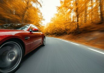 Obraz premium Red sports car speeding on a scenic autumn road with blurred motion