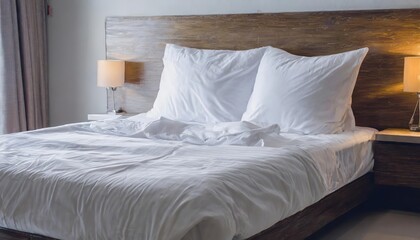 Luxurious white bedding sheets and pillow background showcasing a relaxed, messy bed concept, perfect for modern home decor, bedroom inspiration, or lifestyle photography.