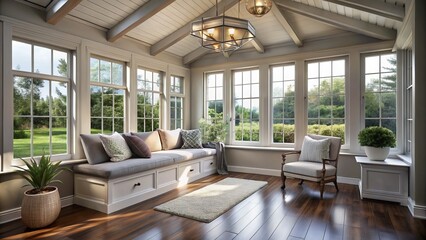 Serene Sunroom Interior with White Windows and Gray Walls, Featuring Dark Wood Floors, a Cozy Window Seat, White Beamed Ceiling, and Tasteful Home Decor Accents