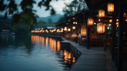 Fototapeta premium Lakeside Restaurant Evening Lanterns, Water Reflections, Wooden Dock
