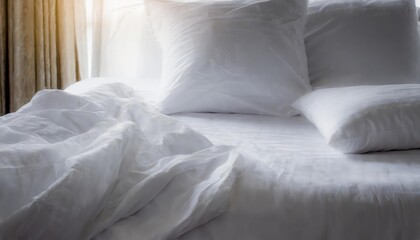 Luxurious White Bedding Sheets and Pillow Background Depicting a Cozy, Messy Bed Aesthetic - Perfect for Relaxation, Comfort, and Home Decor Concepts Featuring a Minimalist Style