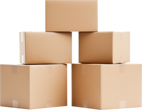 A stack of five cardboard boxes in varying sizes, neatly arranged and showcasing their plain brown exterior.