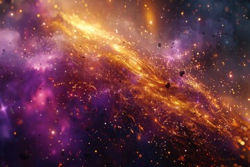 Fototapeta premium Glimmering Purple and Gold Space Nebula with Stars and Debris