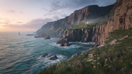Coastal cliffs at sunset with ocean waves and a sailboat.