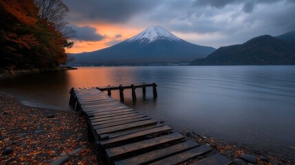 Obraz premium A serene view of a wooden pier leading into a calm lake with Mount Fuji in the background, surrounded by autumn foliage, Ideal for travel blogs, nature magazines, or relaxation-themed projects,