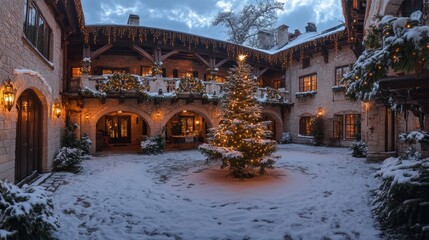 Enchanting Winter Scene with Snow-Covered Courtyard, Festively Decorated Tree, and Charming Rustic Architecture in a Serene Holiday Atmosphere