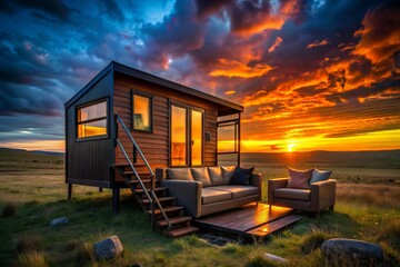 Silhouette of a Cozy Tiny House with Stairs and a Couch at Sunset - Minimalist Living Space Captured in Silhouette Photography for Generative AI