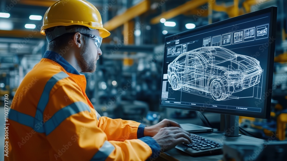Poster engineer working on automotive design project in modern factory with digital screen displaying vehic