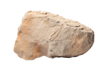 A small, flat beige rock stone with a slightly granular surface and light color variations isolated on white background
