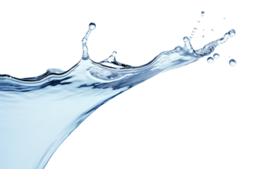 A single drop of water falling into a clear pool, causing a splash with droplets dispersing outward, isolated on white background