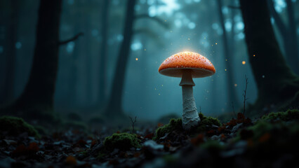 Fototapeta premium Magic mushroom shining under dark forest canopy.