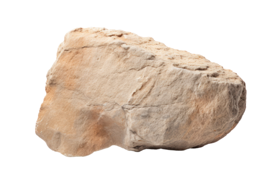 A small, flat beige rock stone with a slightly granular surface and light color variations isolated on white background